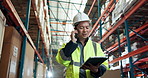 Quality control, phone call and man in warehouse with tablet, coordination and distribution. Logistics, manager and checklist in storage facility with delivery, export or shipping in supply chain