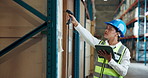 Logistics, tablet and scan with woman in warehouse for delivery confirmation, shipping or storage. Inspection update, digital inventory or cargo label with person in factory for email tracking link