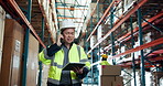 Argument, phone call and man in warehouse with tablet, inspection and distribution issue. Logistics, manager and checklist in storage facility with quality control, shipping or supply chain error