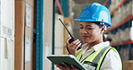 Inventory, radio and tablet with woman in warehouse for distribution, logistics or supply chain. Communication, planning and management with person in factory for checklist, delivery or stock