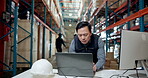 Logistics, stress and manager with laptop in warehouse, export schedule or shipment delivery mistake. Supply chain, cargo transportation and man with pc for distribution, order error or track storage