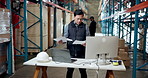 Logistics paperwork, stress and manager with laptop in warehouse, export delay and delivery mistake. Supply chain, cargo transportation and man with pc for distribution, order error and track package