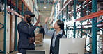 Happy, business people and logistics with high five for teamwork, distribution or warehouse service. Man, woman or supply chain success with smile or applause for job well done in storage depot