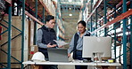 Argument, computer and documents with people in warehouse for disagreement or problem solving. Angry, paperwork and technology with logistics or supply chain team in factory for backlog or delay