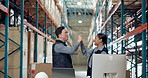 Computer, delivery and high five with people in warehouse for logistics or supply chain success. Distribution, motivation and technology with courier team in factory or plant for ecommerce target