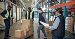 Angry, manager or problem in warehouse with order picking mistake, supply chain or logistics error. Frustrated, boss or people in wholesale factory with wrong shipment, inspection fail or kick boxes.