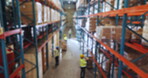 Above, people and boxes in warehouse for distribution with inventory, stock and storage for delivery. Staff, shelf and supply chain with packages for shipping in depot, industrial factory and courier