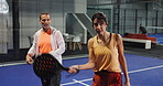 Padel, training or people in club with racket, learning and support in swing practice. Lesson, tennis and coach in court with equipment, grip technique and wrist control in performance advice.