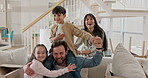 New home, face and parents with kids on sofa excited for moving, relocation and property. Family, house and portrait of mom, dad and children with keys for playing, bonding and happy for mortgage