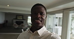 Face, business man or video recording in home for virtual property tour, house viewing or promotion. Real estate agent, black person and live streaming to showcase mortgage listing and new apartment