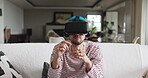 VR, scroll or man in house with headset, augmented reality or online gaming in metaverse. Futuristic, immersive or male person on couch with high tech, streaming or virtual connection in 3D world.