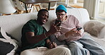 People, friends and smile with phone on couch for research, social media and reading blog at reunion. Happy, men and mobile on sofa for browsing internet, message notification and bonding at house