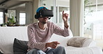 Man, sofa and entertainment with VR headset for software navigation or digital platform in home. Male person, gamer or streaming with virtual reality app, UI or UX for selection, choice or pick