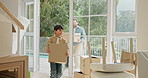 Kids, parents and running with boxes in new house for moving, mortgage success or explore home. Real estate investment, happy family and front door of property for relocation, security and purchase
