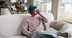Headphones, relax and man on sofa in living room with listening to music, playlist or radio on weekend. Happy, audio tech and male person streaming album, podcast or song online at apartment.