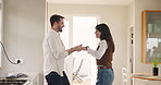 Happy, couple or holding hands with dancing in home for relationship song, bonding and weekend fun. Energy, people or rhythm with music playlist for healthy marriage, connection and steps with flare