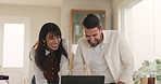 Happy, home and couple on laptop for online payment, subscription and mortgage approval. Marriage, apartment and man with woman on computer for finance account, internet banking and bills on website