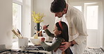 Baking, pancakes and dad with child in kitchen for learning, bonding and help with breakfast. Family, morning and father with girl with bowl to prepare brunch for wellness, health and love in home