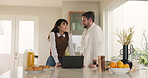 Talking, home and couple on laptop for online payment, subscription and mortgage approval. Marriage, apartment and man with woman on computer for finance account, internet banking or bills on website