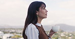 Hotel, coffee and woman on balcony in morning for fresh air on holiday, vacation and break in city. Thinking, hospitality and person outdoor for relax, calm and peaceful with view, drink and tea