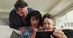 Parents, child and relax with tablet on sofa for playing games, educational research and bonding. Low angle, happy family and digital app in home for watching online cartoon, weekend break or support