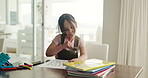 Thinking, child and homework in home, paperwork and development with education, knowledge and study. Learning, girl and kid with document for assignment, reflection and planning for answer in house