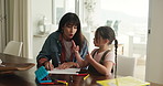 Homework, counting and mom with child in home for maths lesson, learning and help with activity. Family, help and mother with girl with books for education, studying together and assessment in house