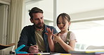 Homework, counting and dad with child for maths lesson, learning and help with activity in home. Family, teach and father with girl with books for education, studying together and calculate in house