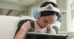 Home, scroll and child with tablet, headphones and listening to lesson on social media or elearning. Education, growth and development of girl with tech for knowledge, browsing and studying with app