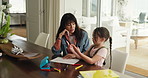 Homework, counting and mom with girl in home for maths lesson, learning and help with activity. Family, teach and mother with child with books for education, studying together and calculate in house