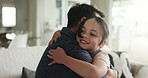 Happy, hug and dad with child on sofa for bonding, relationship and affection in home. Family, parent and father with girl embrace for security, support and love on couch for comfort in living room
