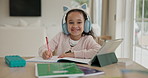 Face, headphones and happy child in home for elearning, distance education or development. Audio, portrait or girl with online lesson to study notebook, homeschool or student with knowledge on tablet