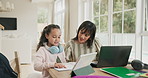 Mom, child and help with homework for learning, education or tutoring for assistance in home. Mother, kid or daughter with helpful parent for school project, study or assessment together in house