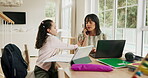 Child, student and mother multitasking with phone call for distraction, discussion and learning. Girl, attention and frustrated woman with laptop, disturb networking and tantrum for education in home