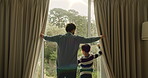 Father, child and open curtain in bedroom to start day, waking up and morning routine for sunshine. Back, family and kid with drapes of window for fresh air, check weather and garden view at house