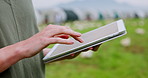Agriculture, tablet and hands on chicken farm for inspection, poultry health and track growth. Monitor, quality control and woman on field with tech, checklist and research for sustainable production