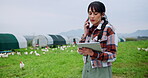 Chicken, phone call and tablet with woman on farm for agriculture, poultry flock records or contact. Communication, digital report and organic ranch with farmer for free range eggs in countryside