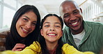 Face, parents and selfie with child at house with love, photography and social media post. Portrait, happiness and interracial family with kid, profile picture update and bonding together with memory