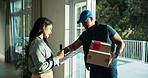 Woman, delivery man and clipboard at front door, signature and invoice for shipping with box at home. Person, customer and courier for writing, ecommerce order or smile for cardboard package at house