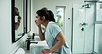 Skincare, mirror and couple in bathroom in home for checking face, acne or pimples in morning. Beauty, wellness and man with woman by reflection for facial dermatology, hygiene or grooming in house.