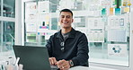 Creative, happy and face of man in office with laptop for ui designer, digital career and startup. Computer, portrait and person with documents, palette and ideas for mobile ui or app development