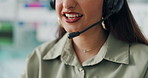 Mouth, business and woman with headset, call center and communication with help desk. Closeup, professional and employee in workplace, microphone and smile with friendly service and customer support