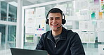 Face, headset and laptop with business man in office for feedback or social media management. Computer, conversation and review with happy employee in workplace for advice, analytics or engagement