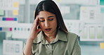 Burnout, fatigue and woman in office with work stress, problem and report error in data analytics agency. Tired, analyst and female person in workplace with tech issue, mistake and review feedback.