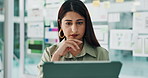 Business woman, thinking or planning with tablet for digital marketing, web design or development. Thoughtful, female person or designer with technology for online app, ideas or strategy in workplace
