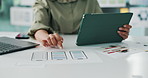 Person, hands and app designer with wireframes on tablet for UI design, UX or development in office. Software engineer, documents or planning with technology for mobile application or digital project