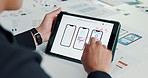 App development, hands and man with tablet, screen, typing and internet with ui design. Closeup, person and employee with tech, prototype and push notification with digital interface and network