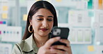 Break, social media and happy woman with phone in office, watch funny video or typing joke message to relax. Smile, texting and app developer rest at workplace, laughing and mobile to browse internet