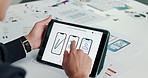 App development, hands and man with tablet, screen, push notification and internet with ui design. Closeup, person and employee in office, tech and software test with digital interface and prototype