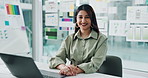 Creative, happy and face of woman in office with laptop for ui designer, digital career and startup. Computer, portrait and person with documents, palette and ideas for mobile app, ux and website